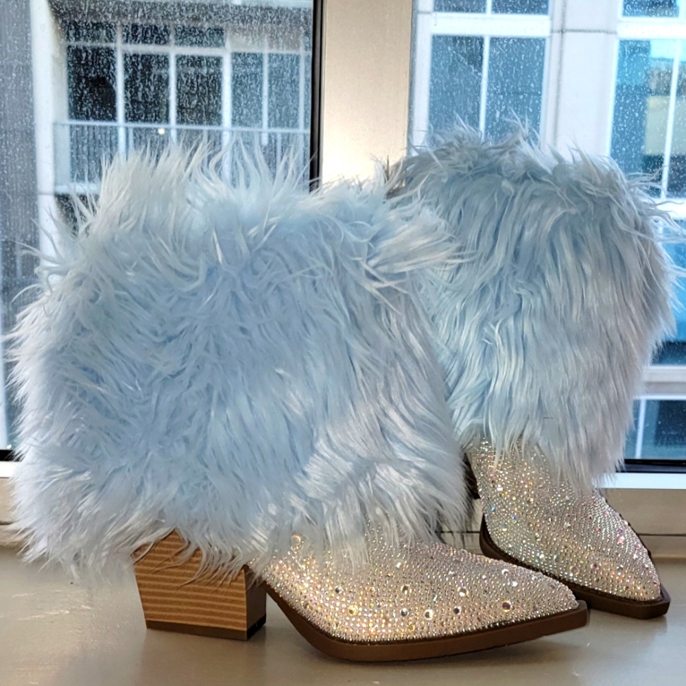 The "LANEY" Light Blue Faux Fur Crystal Western Boots